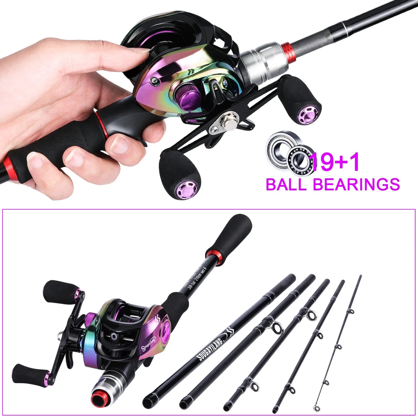 1.8m/2.1m Power Carbon Fiber Bait Casting with 5/6 Sections Fishing Combos Set