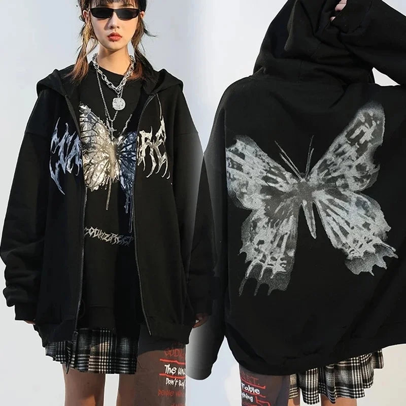 Oversize Butterfly Printed Zipper Jacket