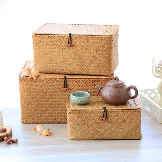 Woven Handmade Seaweed Storage Basket with Lid