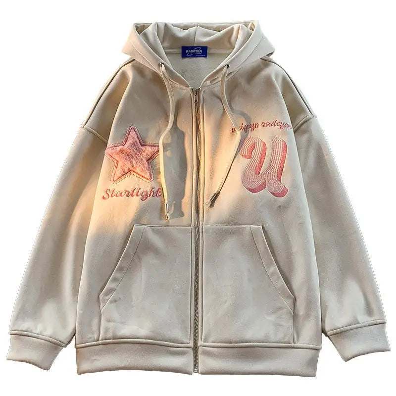 Letter Embroidery Zip Up Hoodie