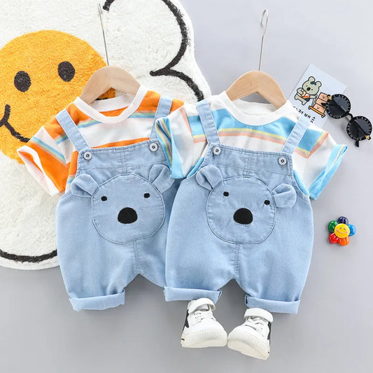 Quality Summer Baby boys Clothes Sets toddlers Children's Denim Overalls + Short T-Shirt Cute