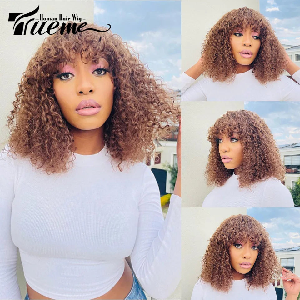 Colored Brazilian Bob Curly Human Hair Wigs with Bangs