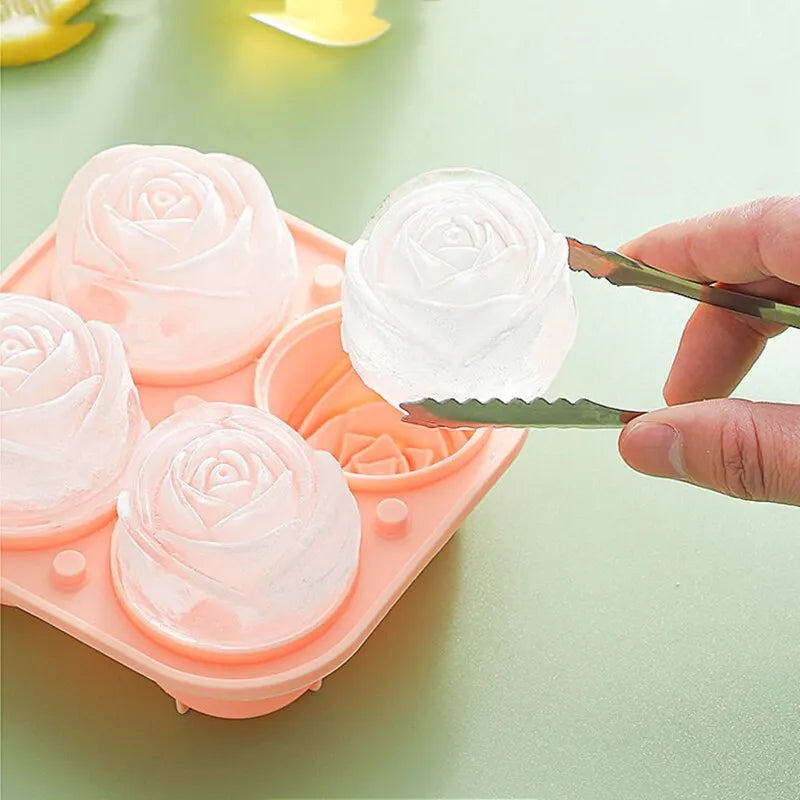 3D Rose Ice Molds 4 Holes Ice Cube Tray Mold Flower Shape Silicone Ice Mold Ice Ball Maker Bar Ice Cube Maker Tool