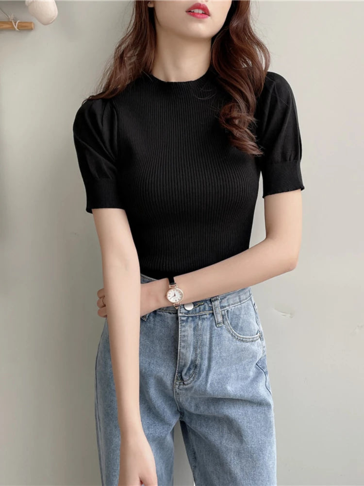 Puff Sleeve Korean Chic Slim T-shirt