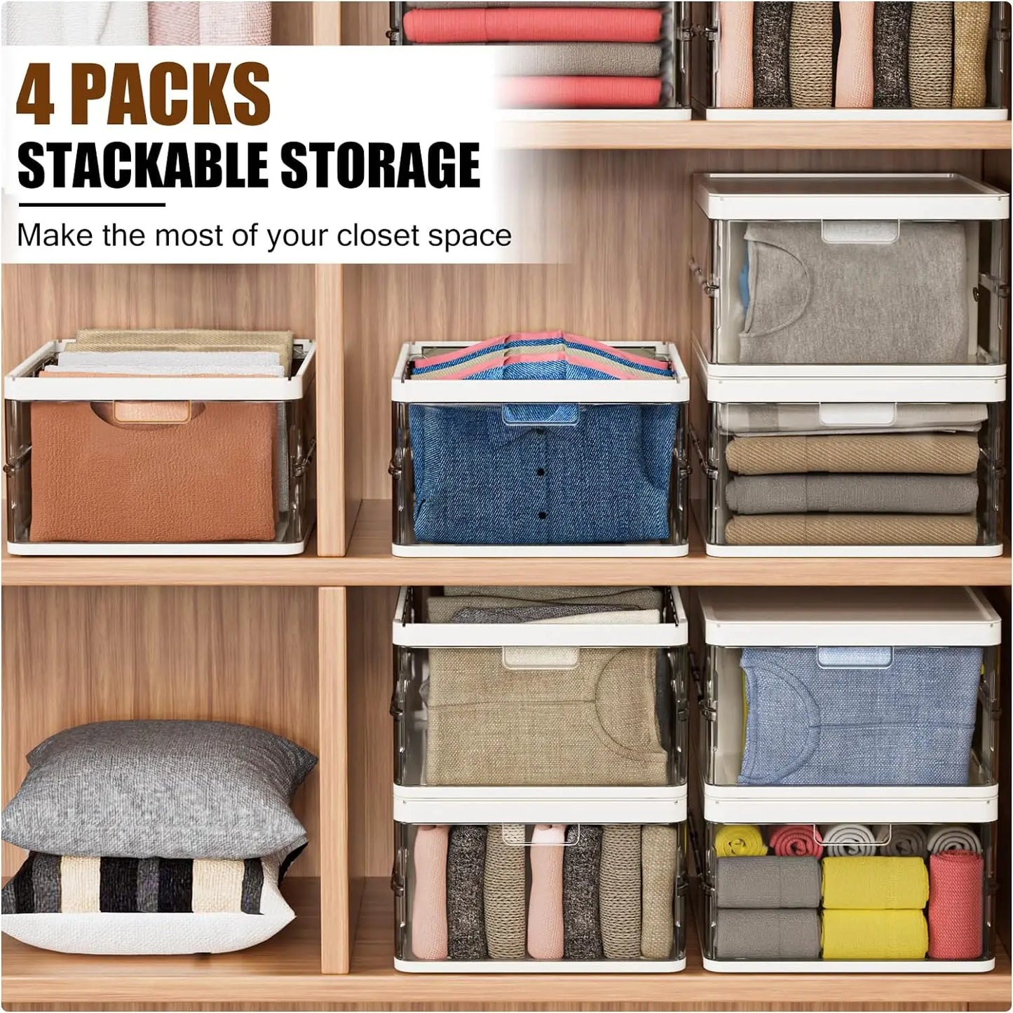 Upgrade large stackable plastic storage box, foldable closet, clothing drawer storage box, 4-pack 2-cover