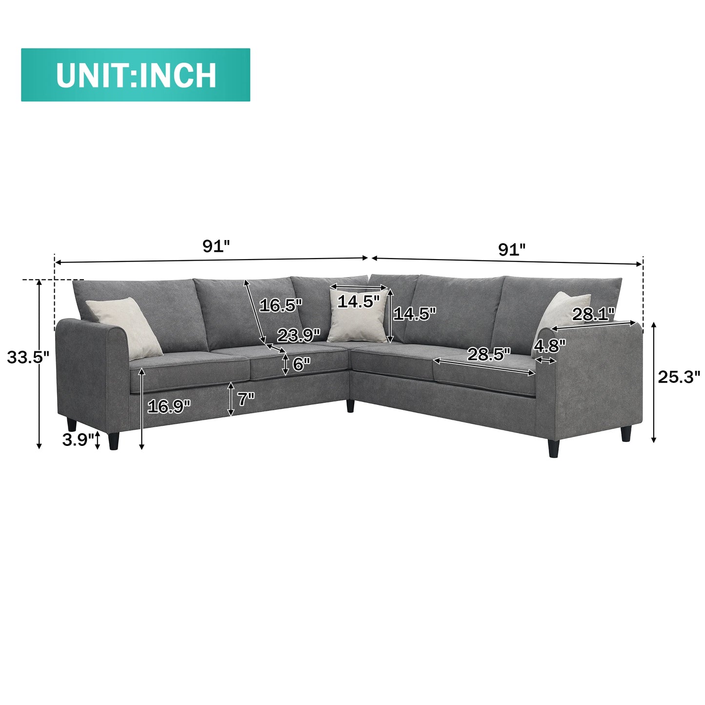 Modern Upholstered Living Room Sectional Sofa, L Shape Sofa Set with 3 Pillows
