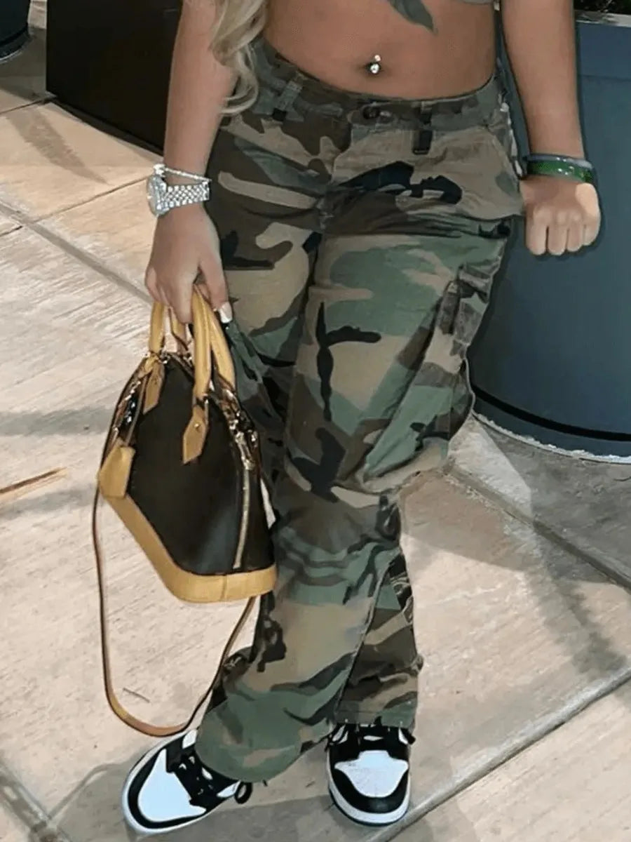 Plus Size Camo Print Side Pocket Cargo Pants