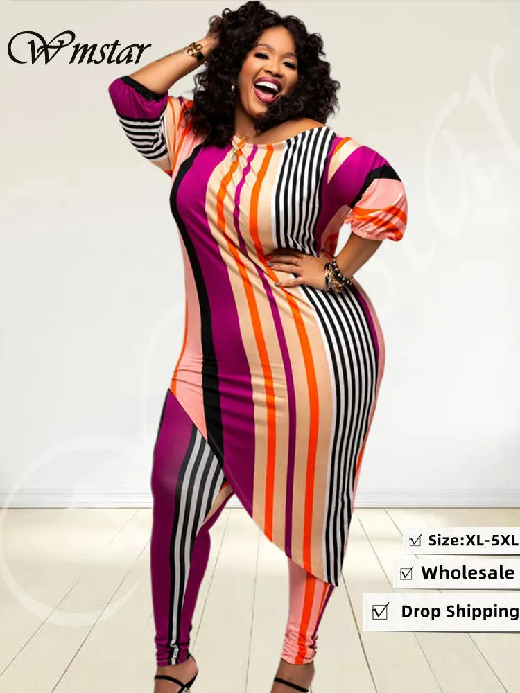 Two piece Striped Top Irregular Hem and Leggings Plus Size