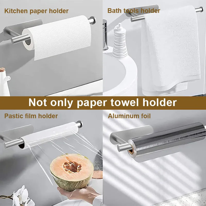 Stainless Steel Paper Towel Holder Adhesive Toilet Roll Paper Holder No Hole Punch Kitchen Bathroom Toilet Lengthen Storage Rack