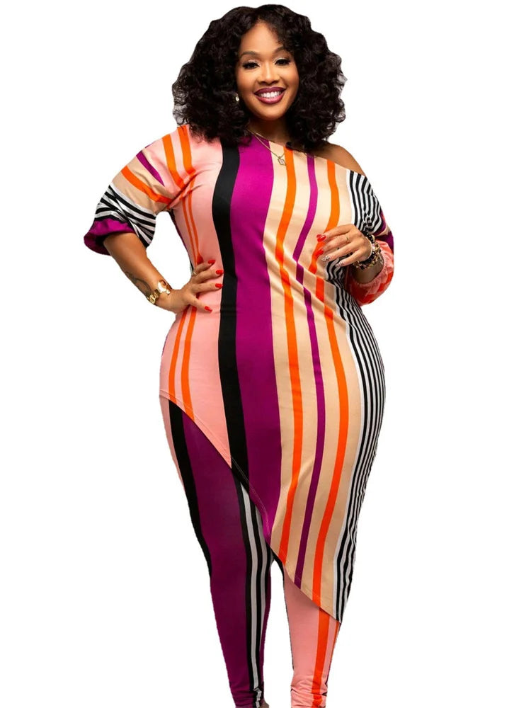 Two piece Striped Top Irregular Hem and Leggings Plus Size