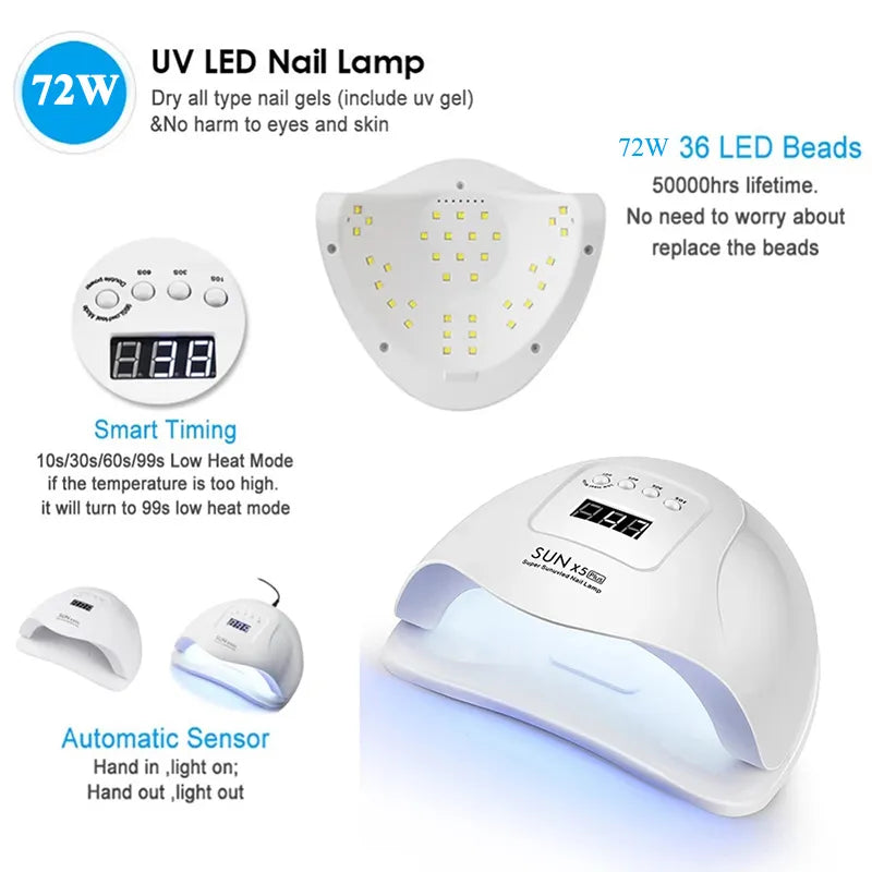 72W LED Nail Lamp For Manicure With Motion Sensing LCD Display