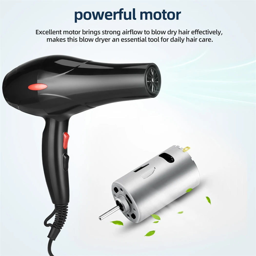 Powerful Electric Hair Dryer with Low Noise, 3 Heat Settings, 2 Speeds, 2 Nozzles, 2200W, 220V