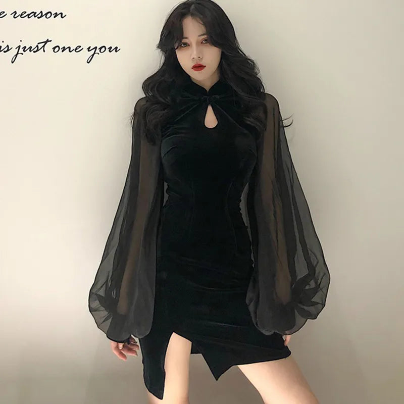 Velvet Side Split Lantern Dress