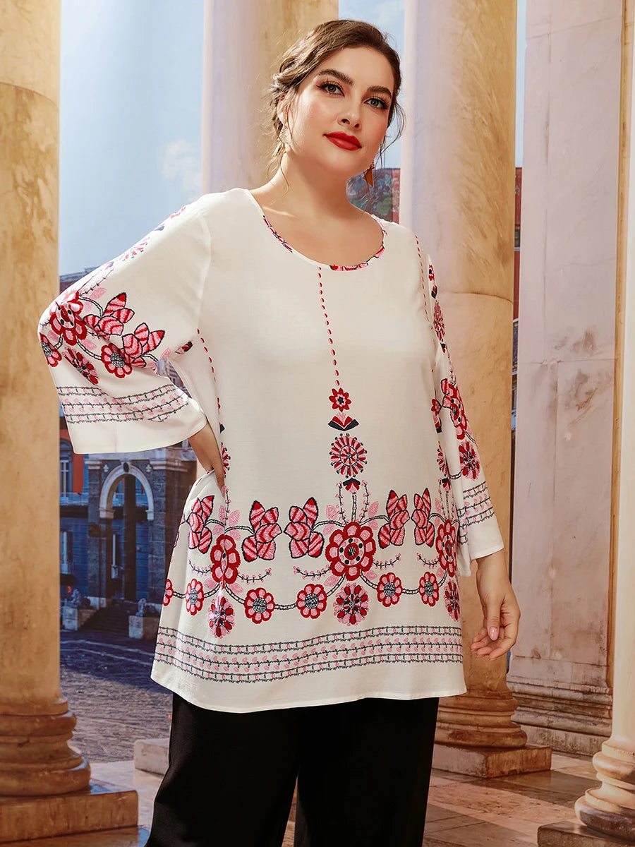 Floral Print  Plus Size O Neck Long Sleeve Blouse