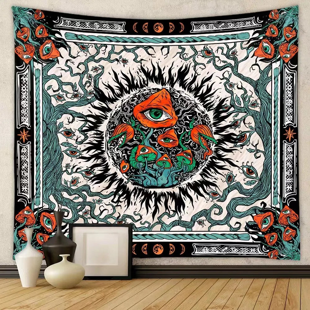 A Large Fantasy Mandala Flower And Plant Tapestry Adorned With Eerie Eyes And a Background Cloth Burning In The Sun