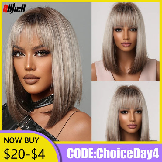 Blonde to Brown Short Straight Synthetic Wigs for Women