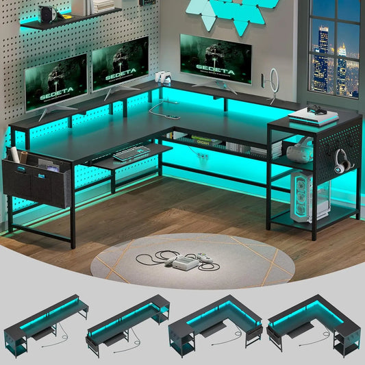 L Shaped Gaming Desk, Reversible Computer Desk, Gaming Desk with Power Outlets & LED Strip, Monitor Shelf