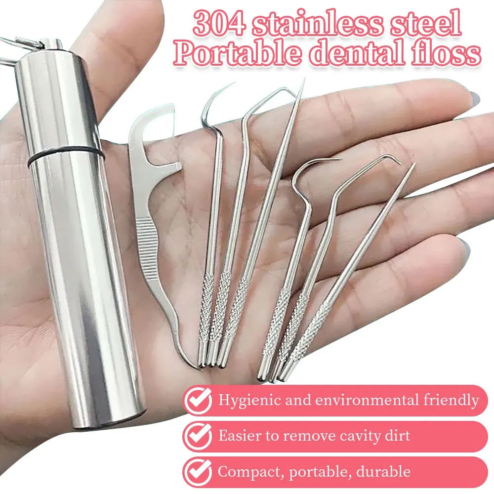 7pcs/set Stainless Steel Toothpick Set Tooth Flossing Reusable Toothpicks Portable Toothpick Floss Teeth Cleaner Oral Cleaning