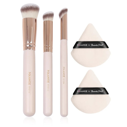 Maange 3Pcs Makeup Brushes + 2Pcs Triangle Powder Puff Set Concealer Eye Shadow Makeup Brush Blending Cosmetic Beauty Tools