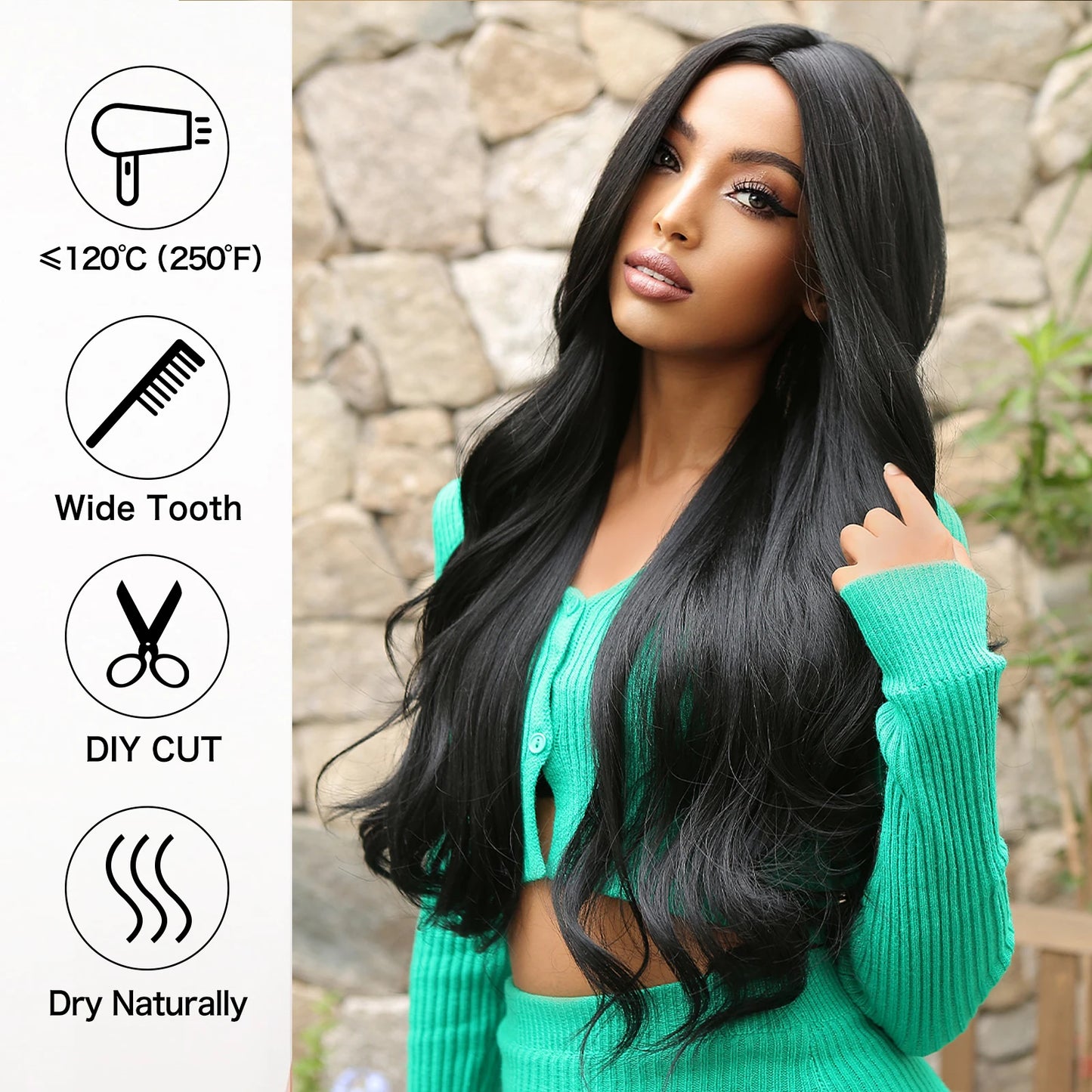 Heat Resistant Black Long Wavy Synthetic Wigs