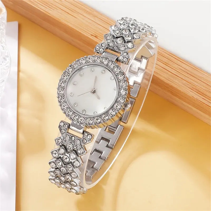 6PCS Set Luxury Watch Women Ring Necklace Earring Rhinestone Fashion Wristwatch Casual Ladies Watches Bracelet Set Clock
