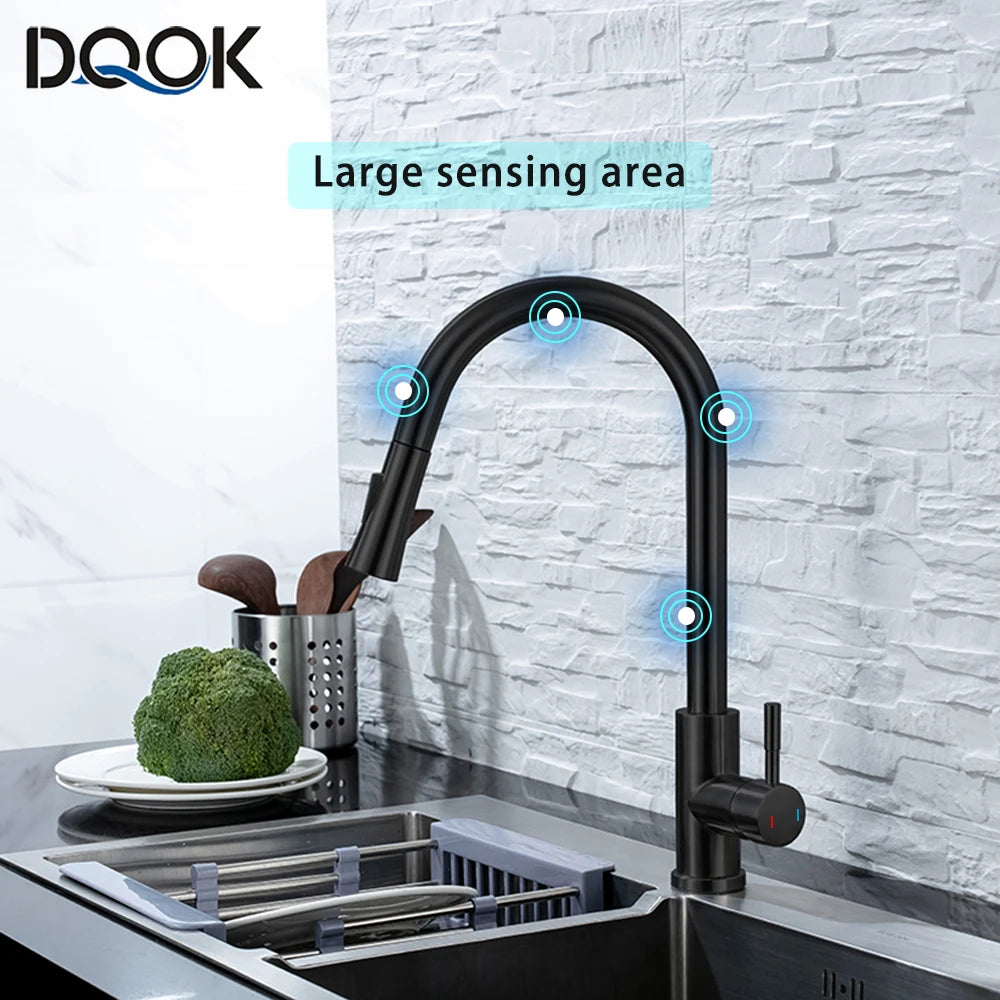 Sensor Stainless Steel Black Kitchen Faucet with Pull Out Brushed