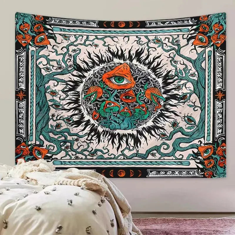 A Large Fantasy Mandala Flower And Plant Tapestry Adorned With Eerie Eyes And a Background Cloth Burning In The Sun