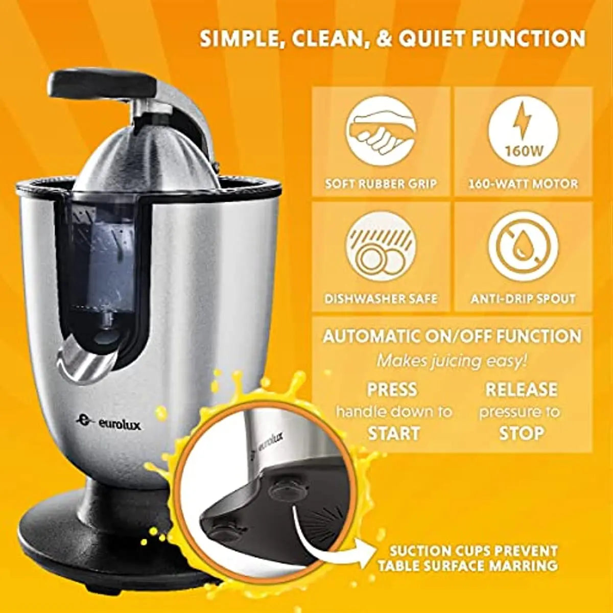 Eurolux Electric Citrus Juicer Squeezert, Stainless Steel 160 Watts of Power Soft Grip Handle and Cone Lid for Use (ELCJ-1700S)