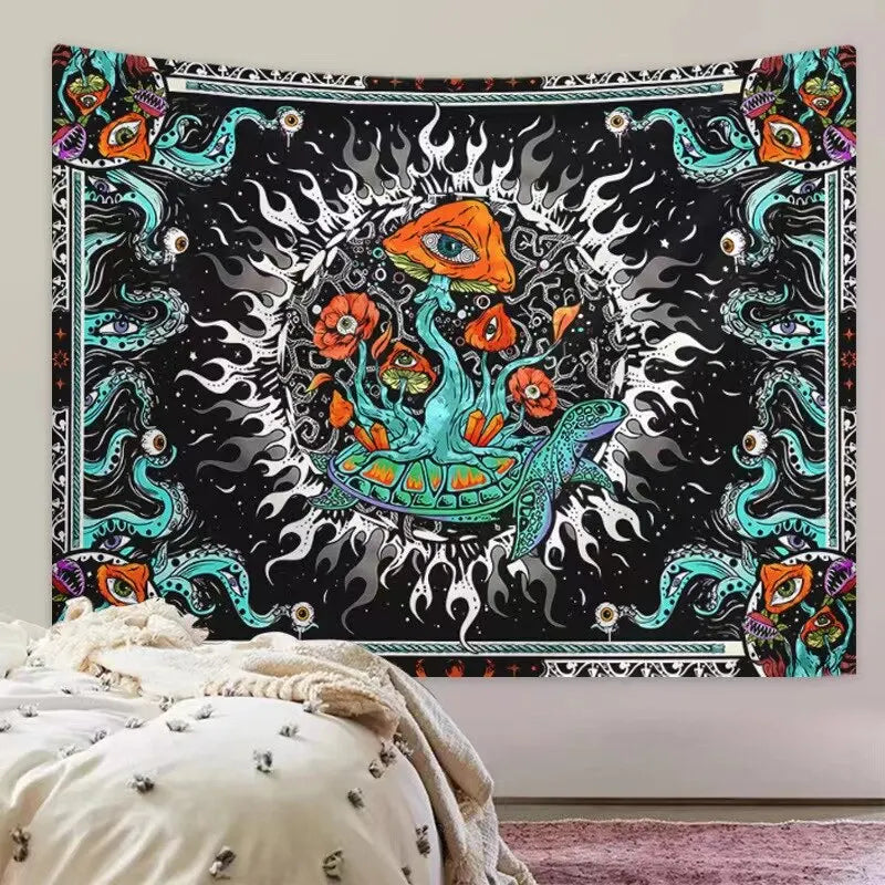 A Large Fantasy Mandala Flower And Plant Tapestry Adorned With Eerie Eyes And a Background Cloth Burning In The Sun