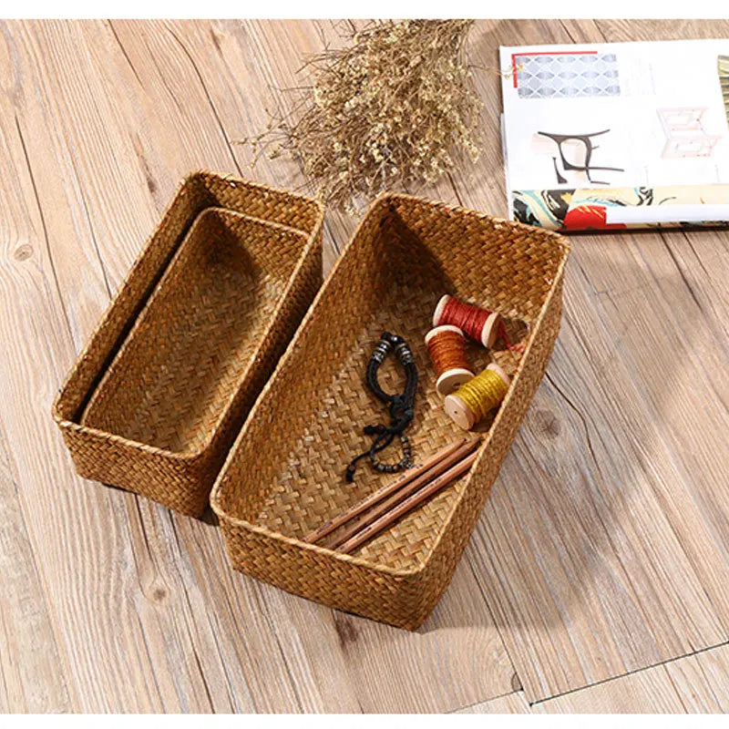 Desktop Natural Straw Hand Woven Storage Basket Organizer