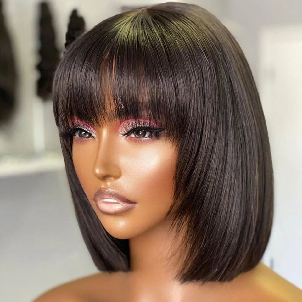 Non-lace, glue-less short straight hair wigs with bangs