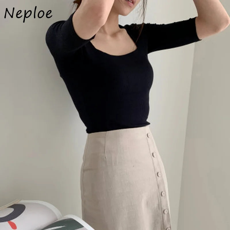 Short Sleeve Square Collar Simple Top