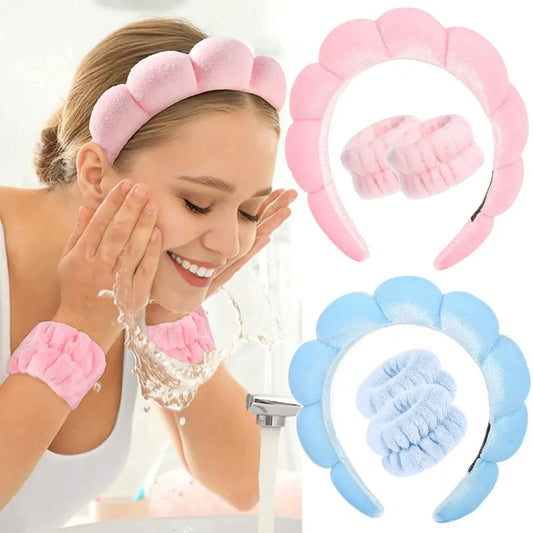 3Pcs Fashion Microfiber Washing Wristbands Scrunchies Puffy Headband Spa Bubble Headband for Washing Face Makeup Shower Skincare