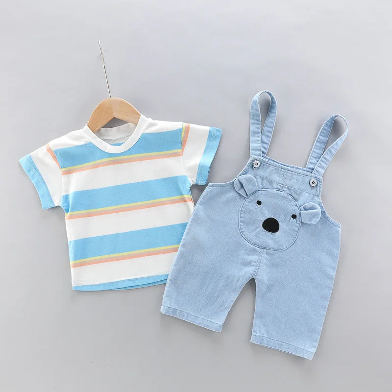 Quality Summer Baby boys Clothes Sets toddlers Children's Denim Overalls + Short T-Shirt Cute