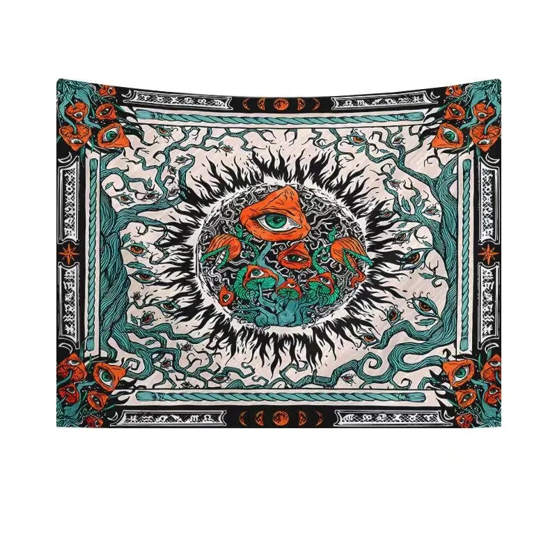 A Large Fantasy Mandala Flower And Plant Tapestry Adorned With Eerie Eyes And a Background Cloth Burning In The Sun