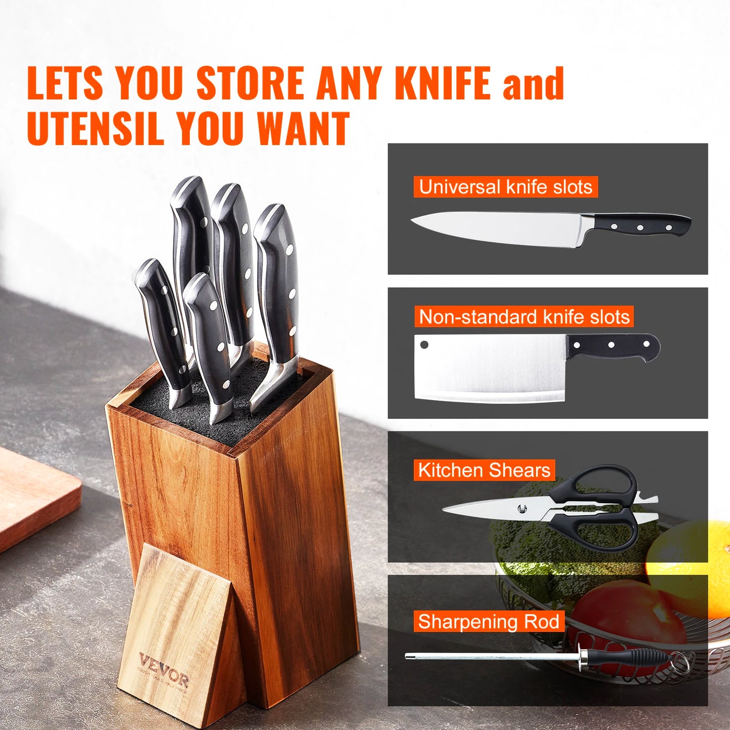 VEVOR Universal Knife Holder Acacia Wood Knife Block Extra Large Knife Storage Holder with PP Brush Multifunctional Knife Rack