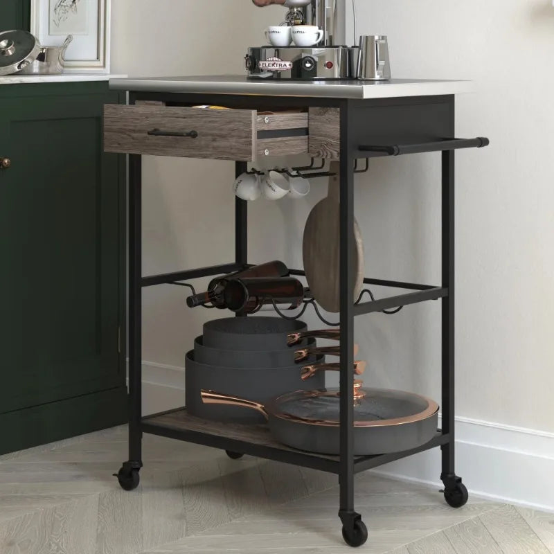 Novogratz Nora Multifunctional Kitchen Cart, Wine Rack and Pantry Storage, Stainless Steel and Black Metal, Brown Rolling Cart