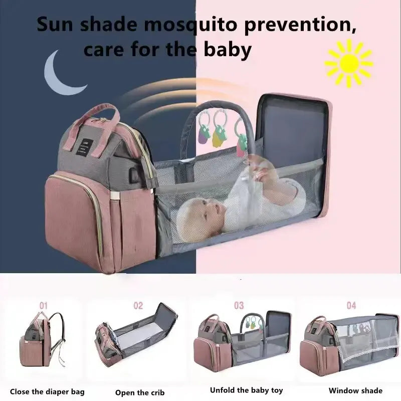 Mommy Baby Diaper Bag Backpack Changing Pad Shade Mosquito Net Wet and Dry Carrying USB Charging Port Stroller Hanging Bag Free