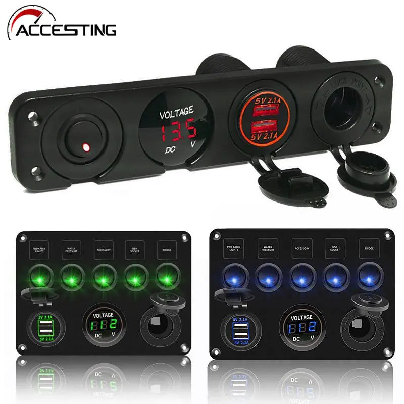 LED Rocker Switch Panel with Digital Voltmeter