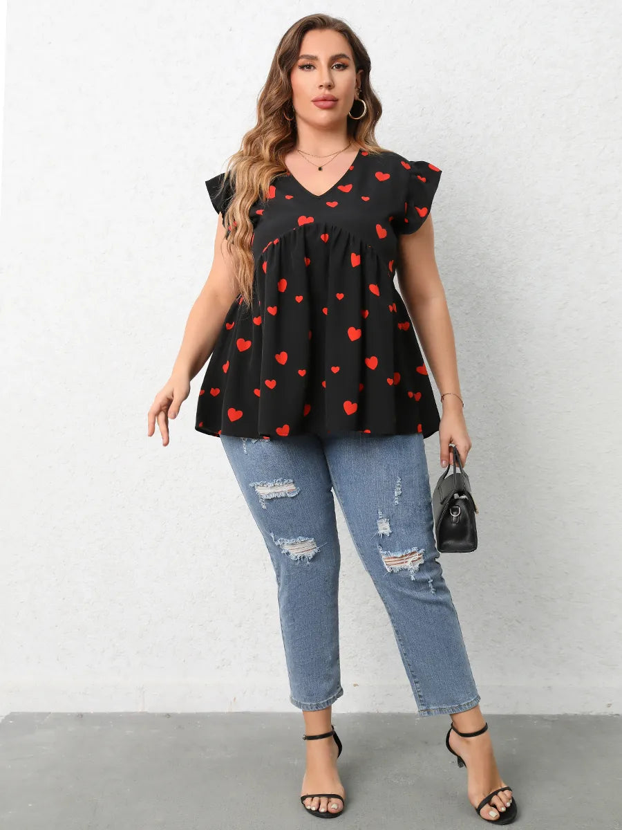 Plus Size Red Heart Print Blouse