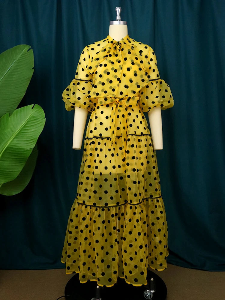 High Neck Lantern Sleeve in See Through Dot dress