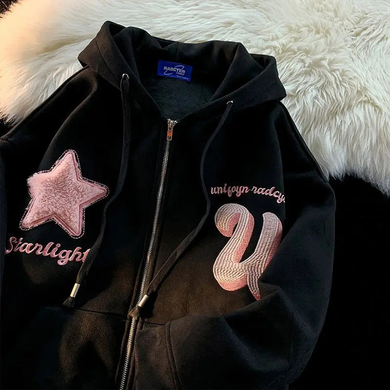 Letter Embroidery Zip Up Hoodie