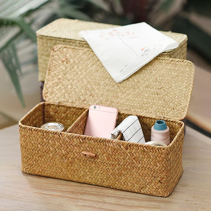 3 Grids Hand Woven Storage Baskets with Lid