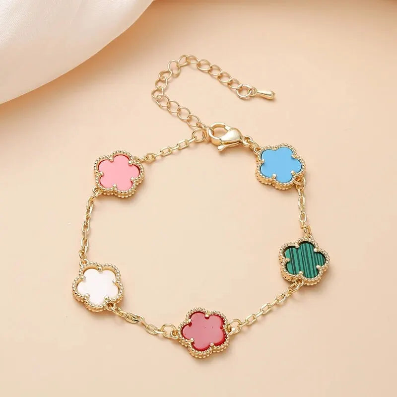 Trendy Five Leaf Flower Bracelet Copper Zircon For Woman On Party Wedding Fashion Cute Style With Colorful Adjustable Chain
