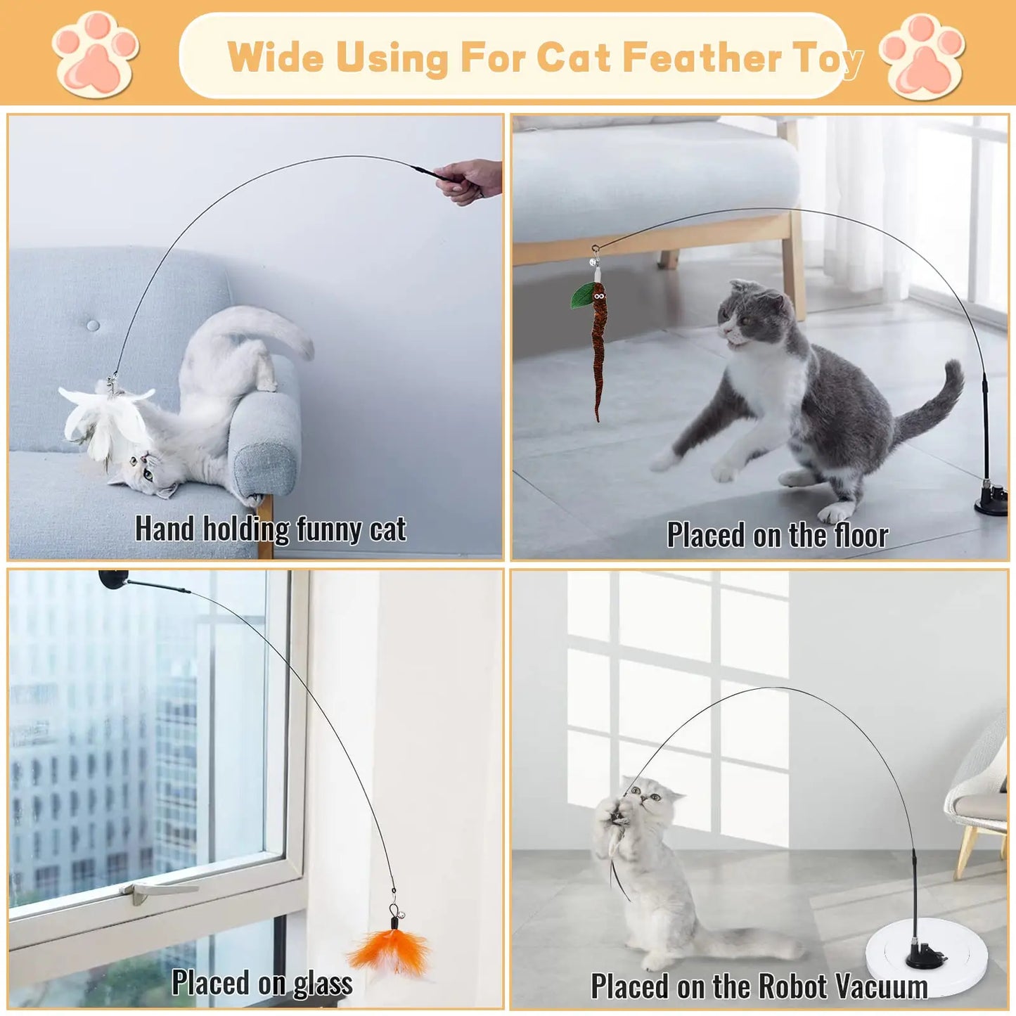 Cats Toys Feathers Wand Interactive Toy Kitten Toys with Super Suction Cup Detachable 2 PCS Feather Replacements Cat Accesorios