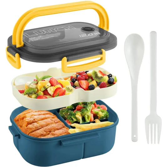 Portable Sealed Lunch Box 2 Layer Mesh Kids Leak Proof Bento Snack Box with Cutlery Microwave Safe Food Storage Container