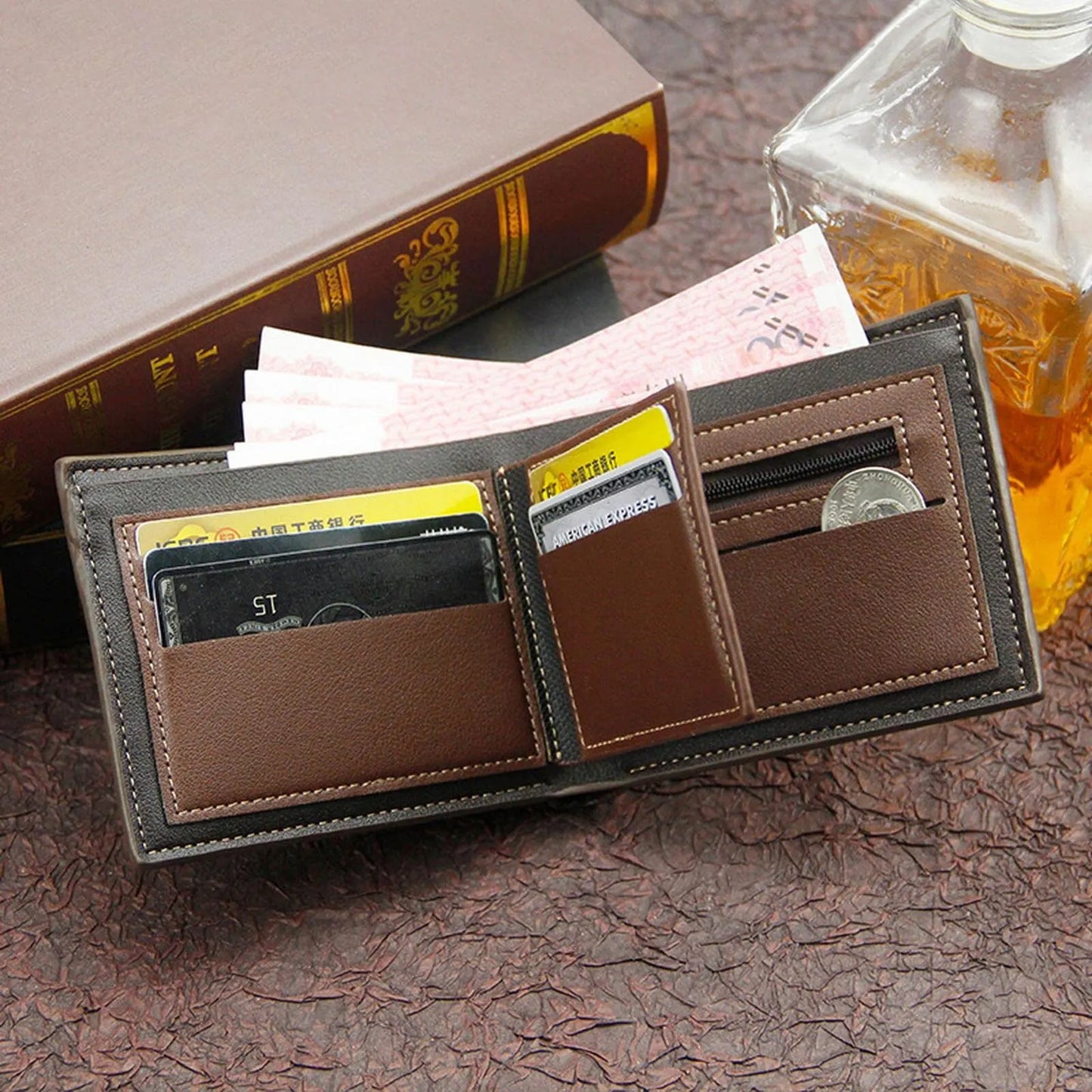 Men's Short Frosted Large Capacity Leather Wallet,Multi-Slot Coin Pocket Photo Holder Small Men's Wallet,Vintage Wallet for Male