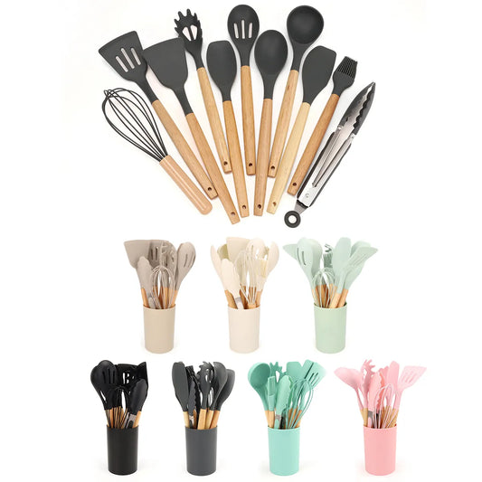 12Pcs Silicone Kitchen Utensils Spatula Shovel Soup Spoon Cooking Tool with Storage Bucket Non-Stick Wood Handle Kitchen Gadgets