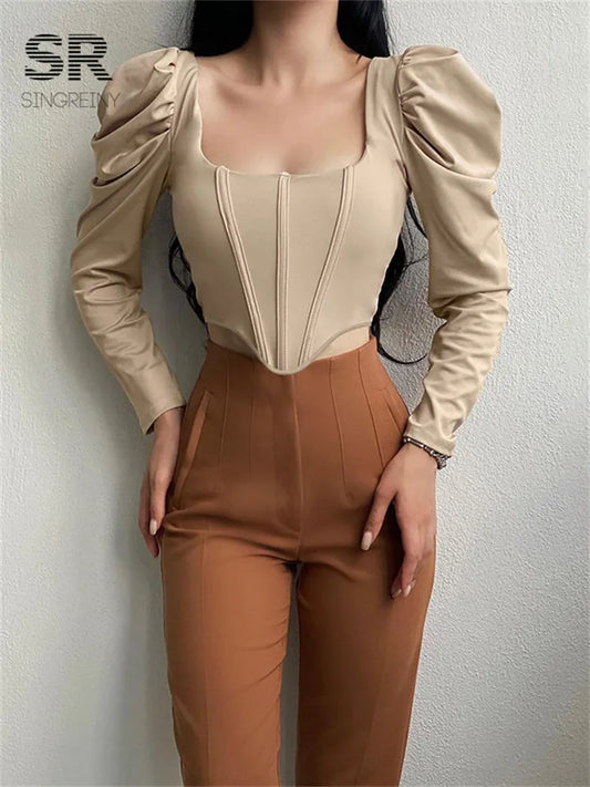 Slim Long Sleeve  Square Neck Blouse A