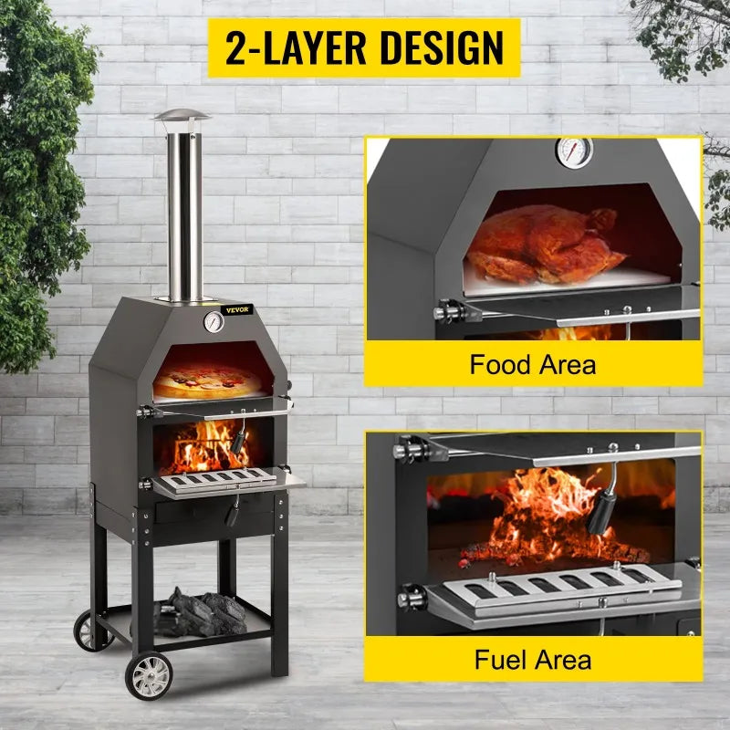 12" Wood Fire Oven, 2-Layer Pizza Oven Wood Fired, Wood Burning Outdoor Pizza Oven with 2 Removable Wheels